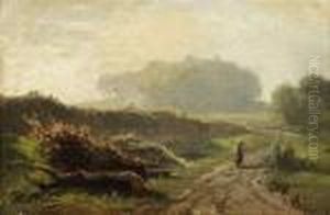 Summery Landscape With A 
Countrywoman. Oil/canvas/cardboard, Signed, Verso Stamp Of The Artist's
 Estate