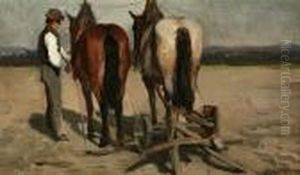Bauer Neben Pferdepflug Auf Dem Feld by Paul Weber