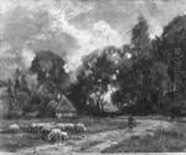 Landschaft Mit Einer Hutte Unter
 Baumen Und Schafen. Signiert Unten Rechts: Paul Weber. Ol Auf Leinwand.
 H 44; B 53 Cm. - view 1