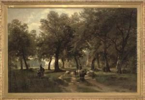 A Shepherd With Sheep On A Sunlit Country Track by Paul Weber