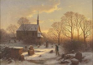 Winter Sunset Scene With Churchgraveyard And Gravedigger