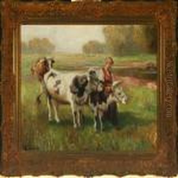 Landscape With Young Woman And Cows At A Stream - view 1