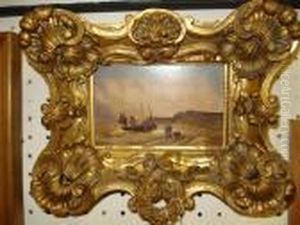 Coastal Scene With Figures And Beached Penzance Fishing Boats