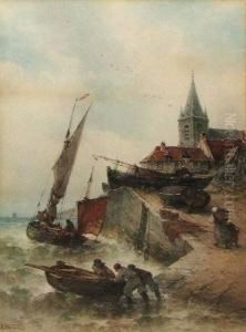 Coastal Landscapes With Fishing 
Boats Headed Out, Possibly At St. Michael's Mount, Cornwall