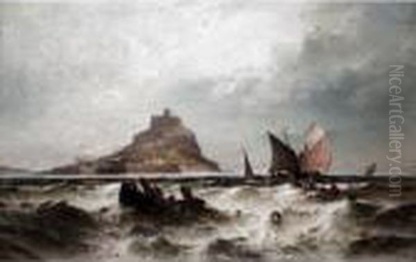 Fishing Smacks At Sea In Front Of St Michael's Mount, Cornwall - view 1