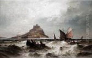 Fishing Smacks At Sea In Front Of St Michael's Mount, Cornwall