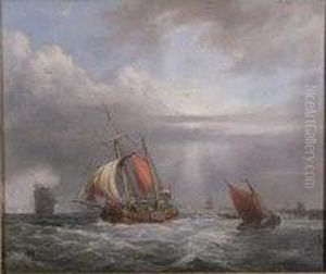 A Dutch Koff And Other Sailing Boats Off A Harbour Wall
