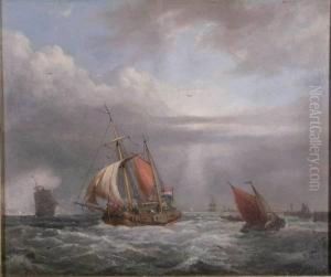 A Dutch Koff And Other Sailingboats Off A Harbour Wall