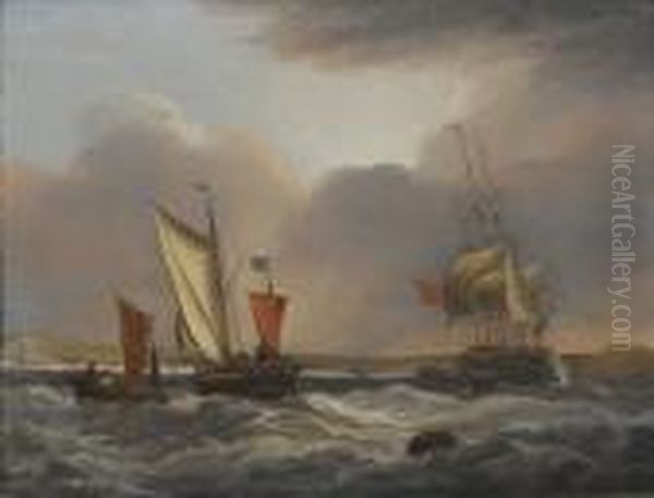A Frigate Hove-to Offshore, With A Boat Alongside And Other Smallcraft Nearby - view 1