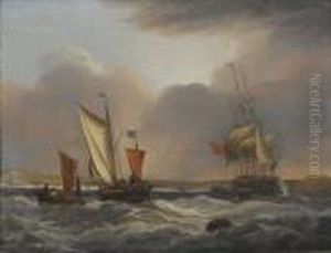 A Frigate Hove-to Offshore, With A Boat Alongside And Other Smallcraft Nearby
