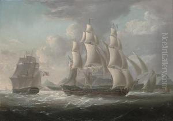 Royal Naval Frigates And An 
Armed Cutter Off A West Indian Island, Believed To Be Martinique, With A
 Native Raft Offshore - view 1