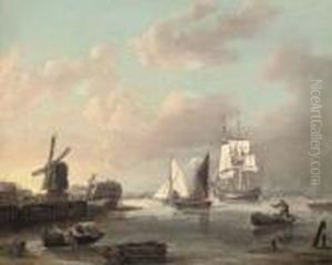 A Merchant Frigate And Smaller Traders Running Up The Thames Estuary Heading For London by George Webster