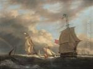 Warships And Other Vessels 
Heading Up The Channel, With The Eddystone Lighthouse Receding Astern