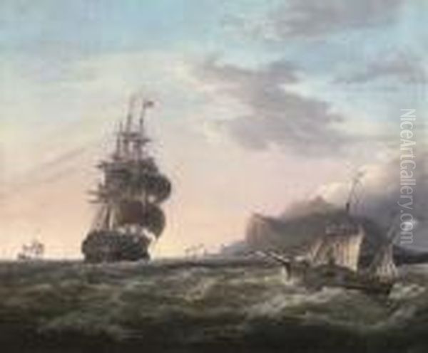 A Crowded "74" Under Reduced Sail Running Past Gibraltar - view 1