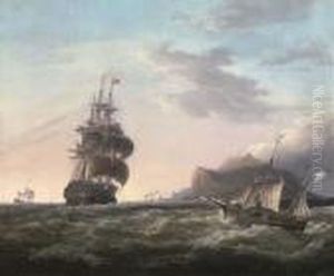 A Crowded "74" Under Reduced Sail Running Past Gibraltar by George Webster