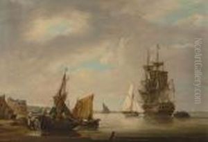 A Frigate Taking On Troops As 
She Prepares To Sail From Her Anchorage Just Outside The Entrance To 
Portsmouth Harbour by George Webster