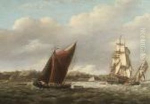 A Fully-laden Hay Barge Off The Suffolk Coast With A Three-master Astern Of Her