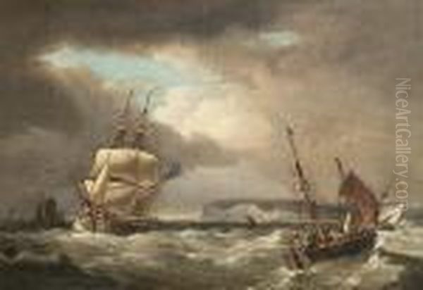 A Royal Navy Brig Heading Up The
Channel Into A Squall As Smaller Craft Run Inshore For Shelter - view 1