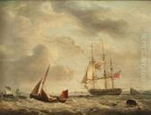 A Frigate And Smaller Craft 
Shortening Sail Ahead Of A Squall; A First Rate Heading Out To Sea, Her 
Upper Deck Crowded With Redcoats Anxious For Their Last Glimpse Of Home