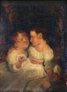 Two Children Embracing Before A Woodland Setting