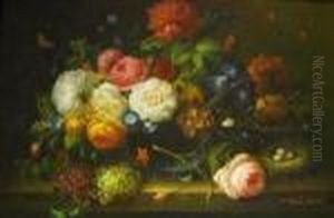 Flowers In A Vase With Grapes And A Butterfly