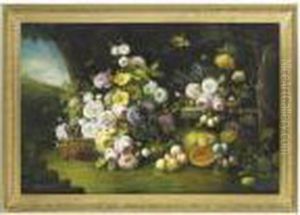Roses, Parrot Tulips, Plums, Pumpkins, And Butterflies In Alandscape