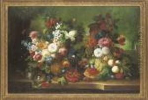 Hollyhocks, Roses And Other
Flowers In A Vase, With Butterflies, A Birds Nest And A Pumpkin On A
Stone Ledge, A Landscape Beyond by Thomas Webster