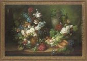Peonies, Roses And Other Flowers
 In A Vase, With Butterflies And A Birds Nest, On A Stone Ledge, A 
Landscape Beyond