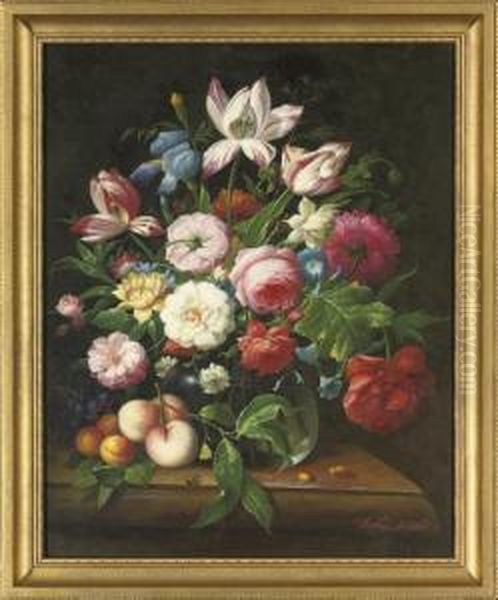 Roses, Camellia, Iris, Parrot
Tulips And Morning Glory In A Glass Vase, With Peaches, Apricots And
Grapes To The Side, On A Stone Ledge; And Camellias, Roses, Lilac,
Narcissus And Parrot Tulips In A Glass Vase, With Grapes And Plums To
The Side, O - view 1