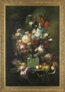 Parrot Tulips, Chrysanthemums,
Roses, Corn Flowers, Lilies And Narcissus In An Urn, With Fruit In
Wicker Baskets And On A Platter To The Side, On A Stone Ledge by Thomas Webster