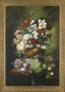 Parrot Tulips, Narcissus,
Peonies, Chrysanthemums, Carnations, Lilies And Roses In An Urn With
Fruit To The Side, On A Stone Ledge by Thomas Webster