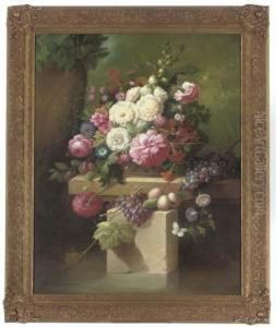 Pink Peonies, Morning Glory, Hollyhocks, Plums And Grapes by Thomas Webster
