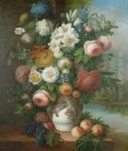 Still Life Of Flowers And Fruit On Top Of A Ledge - view 1