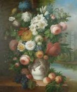 Still Life Of Flowers And Fruit On Top Of A Ledge by Thomas Webster