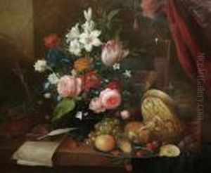 A Still Life Of Flowers, A Crucifix, An Upturned Tazza And Glasses, Displayed On A Ledge
