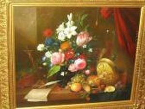 Still Life Of Flowers, Fruit, Metal Tazza, Wine Glasses And Quill On A Ledge
