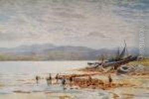 Lakeside Scene With Figures Gathering Cocklesby Fishing Boats by Augustus Watford Weedon