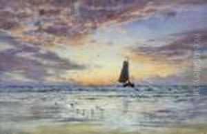 Watercolour On Linen Seascape With A Boat