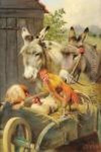 Two Donkeys Beside A Wheelbarrow, Cockerel And Hens In The Foreground