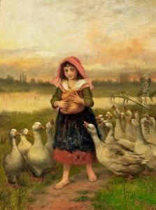 A Little Girl Feeding Geese. Signed W. Weekes by Herbert William Weekes