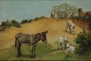 A Donkey And Lambs by Herbert William Weekes