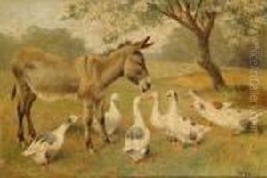 Geese And Donkeys On A Country Road; Geese And A Donkey Under A Tree by Herbert William Weekes