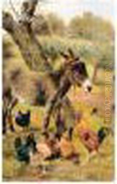 Donkey And Hens In Wooded Landscape - view 1