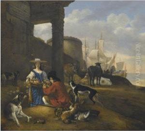 An Italianate Coastal Landscape 
With A Woman Selling Fruit Andgame Before A Walled Town, Ships At Anchor
 Beyond
