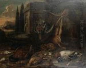 A Hare, Pheasant, Ducks And 
Other Game Birds Before A Fountain, With An Open Landscape Beyond by Jan Baptist Weenix
