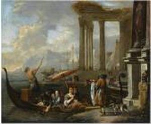 A Mediterranean Harbour Scene With An Elegant Lady Arriving In A Gondola by Jan Baptist Weenix