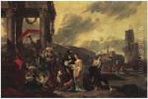 A Mediterranean Harbour Scene With Elegant Figures In Theforeground, A Village Beyond