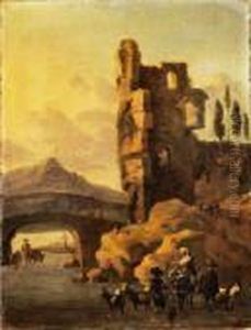 Pastori Con Armential Guado Presso Un Rudere by Jan Baptist Weenix