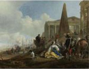 A Mediterranean Harbor Scene
With Figures Resting In The Foreground And Antique Ruins Beyond by Jan Baptist Weenix