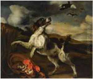 A Landscape With An English 
Springer Spaniel Chasing Of Birds In The Sky, A Bowl With Meat In The 
Foreground